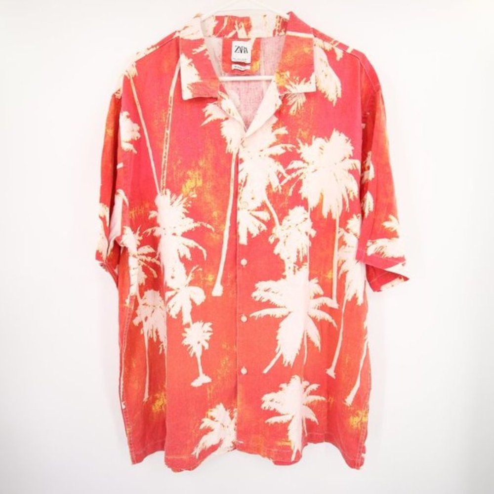 Zara Men's Red Palm Print Tropical Pattern Short Sleeve Button Down Shirt Large